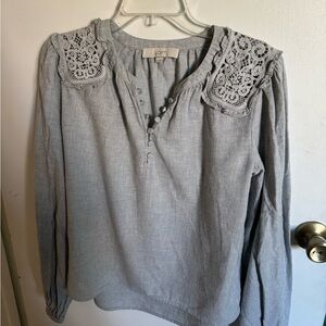 LOFT Light Gray Blouse with Lace Accents